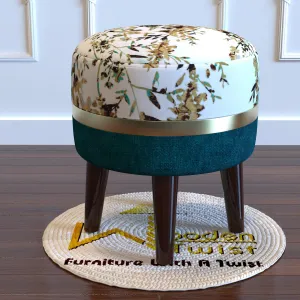 Wooden Twist Relish Puffy Ottoman Stool For Living Room ( Mustard & Green )