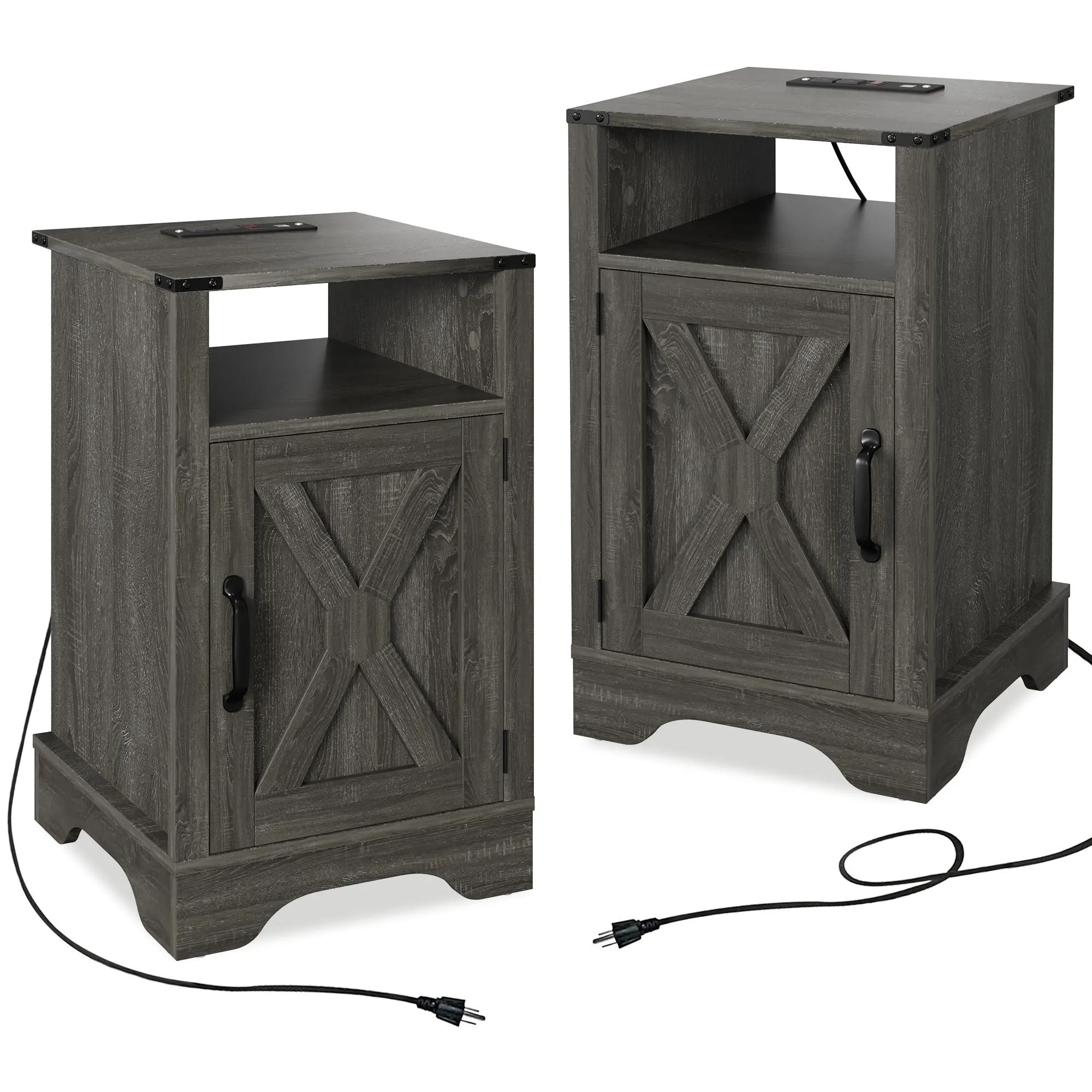 X Wooden Nightstand  with Electrical Outlets Charging Station  (2 Sets) - Dark Gray