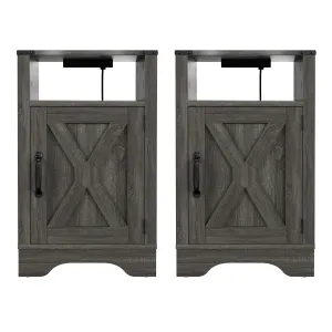 X Wooden Nightstand  with Electrical Outlets Charging Station  (2 Sets) - Dark Gray