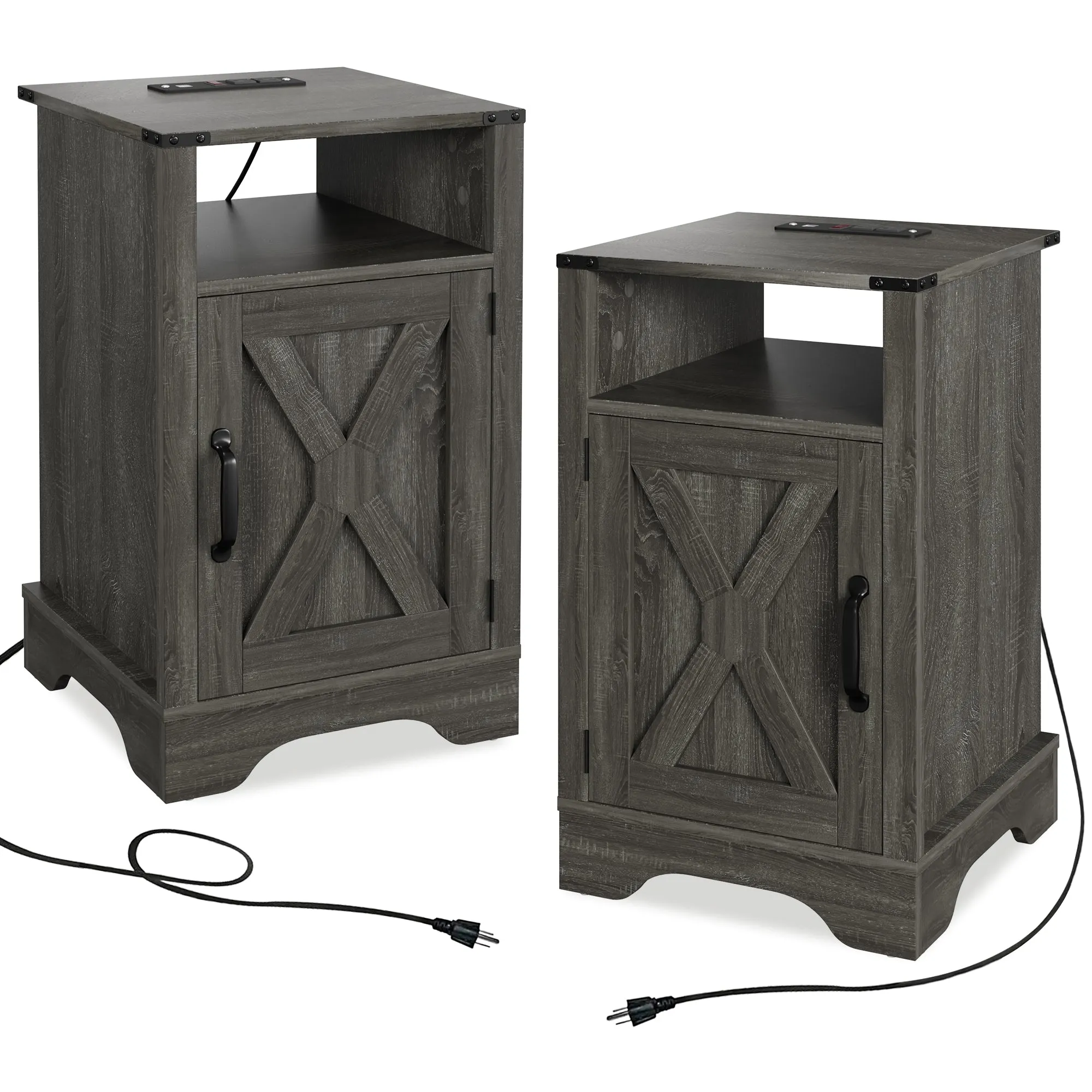 X Wooden Nightstand  with Electrical Outlets Charging Station  (2 Sets) - Dark Gray